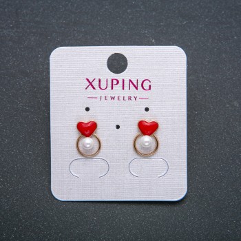 Heart-shaped Xuping Earrings - 18K Gold Plated Red Enamel and White Bead Stud Earrings, 12x8 mm