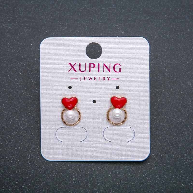 Heart-shaped Xuping Earrings - 18K Gold Plated Red Enamel and White Bead Stud Earrings, 12x8 mm