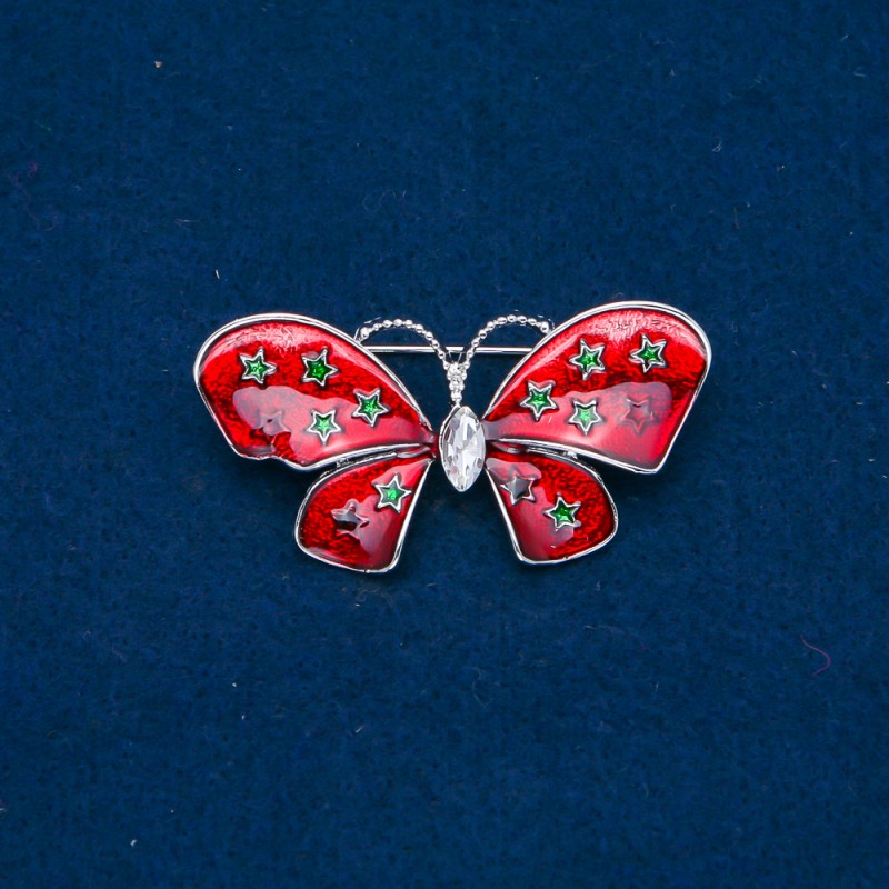 Discount! Butterfly Brooch, golden metal, enamel and white rhinestone, 48x24 mm +