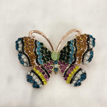 Sale! Butterfly Brooch in golden-rose metal, multicolored crystals and a green bead 46x34mm +