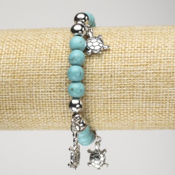 Turquoise Bracelet (Named) on Elastic, Diameter 8mm±, with Silver Inserts and Turtles, Length 18 cm+