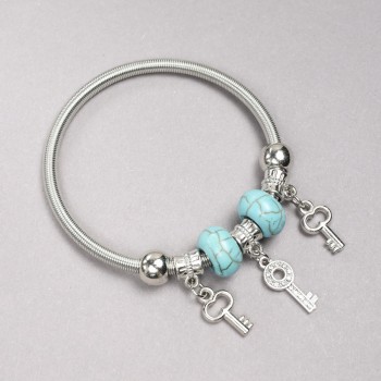 Pandora bracelet with turquoise beads (name), diameter 14x8mm +/- and pendants Key with white rhinestones