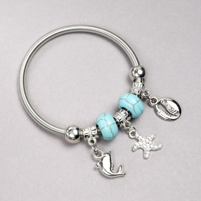 Pandora bracelet with turquoise beads (named after ), diameter 14x8mm ± and pendants with white rhinestones