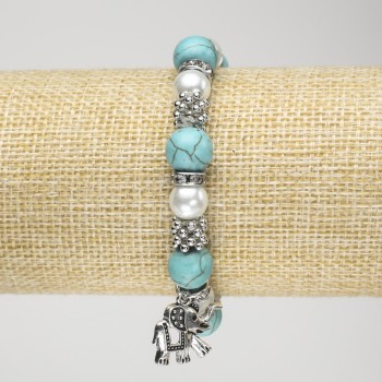 Turquoise Bracelet (named) on Elastic, 10mm diameter +/- with Pearls (named), Silver Inlays and Elephant Pendant, Length 18 cm+