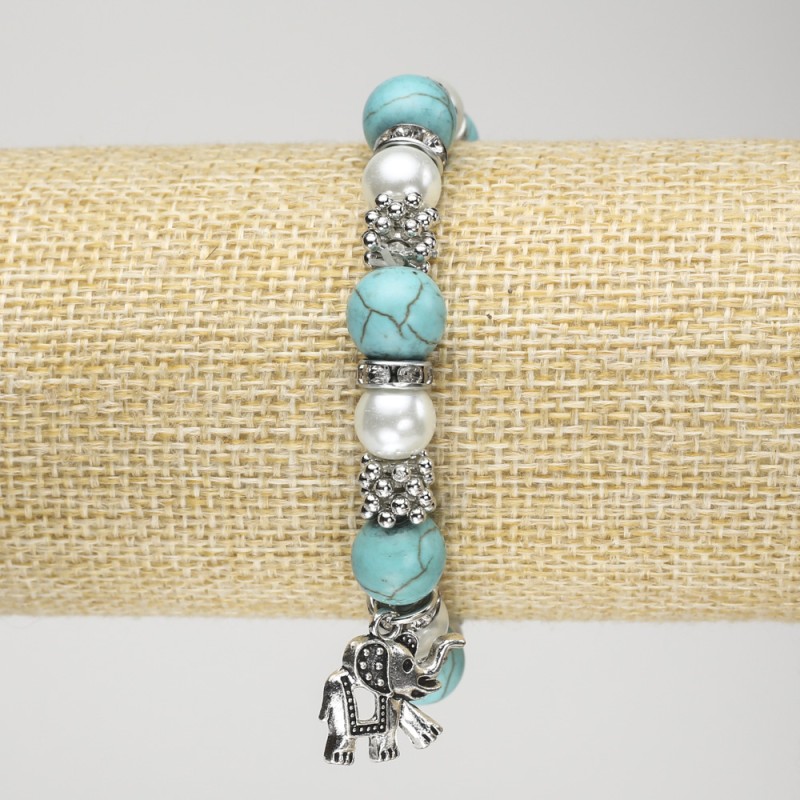 Turquoise Bracelet (named) on Elastic, 10mm diameter +/- with Pearls (named), Silver Inlays and Elephant Pendant, Length 18 cm+