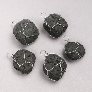 Lava Stone Pendant in a Silver-Woven Setting, Diameter 35×20 mm+