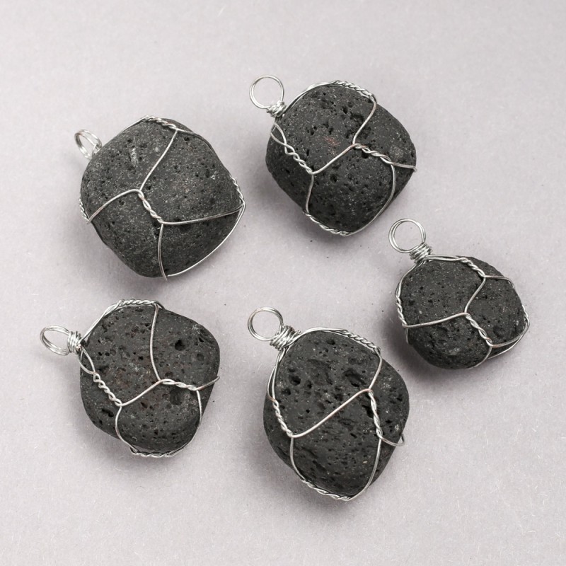 Lava Stone Pendant in a Silver-Woven Setting, Diameter 35×20 mm+
