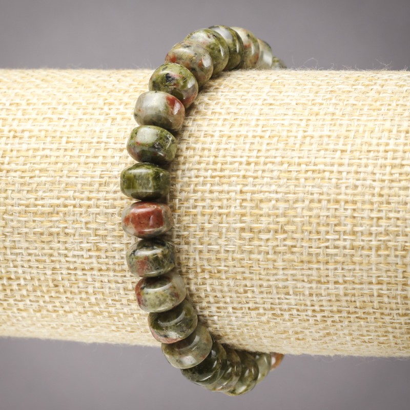 Elastic bracelet with jasper, heliotrope, and unakite, smooth rondel beads, diameter 9×7 mm+