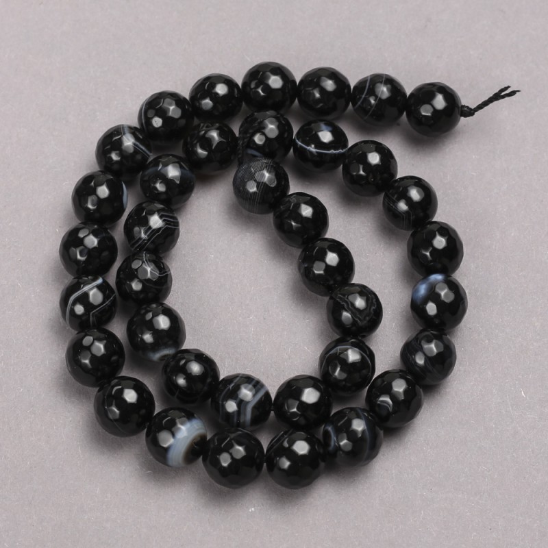Beads on String - Black Agate Faceted Round Bead, 10mm diameter, 38cm length ±