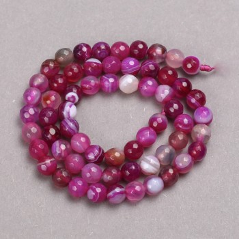 Raspberry Agate Beads on Thread, Faceted Round Beads, 6mm Diameter, 38 cm Length