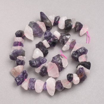 Unpolished stone beads Pink Quartz and Amethyst on thread with a crimp bead, diameter 12x20 mm ±, length 42 cm ±