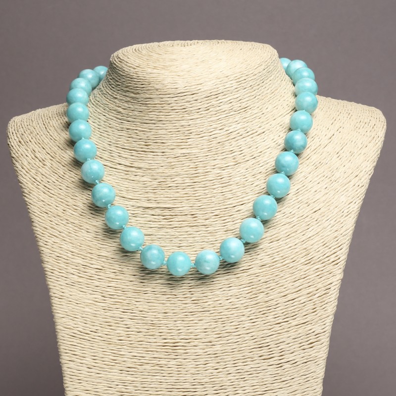 Aquamarine natural stone necklace, smooth bead, diameter about 12 mm, length about 45 cm
