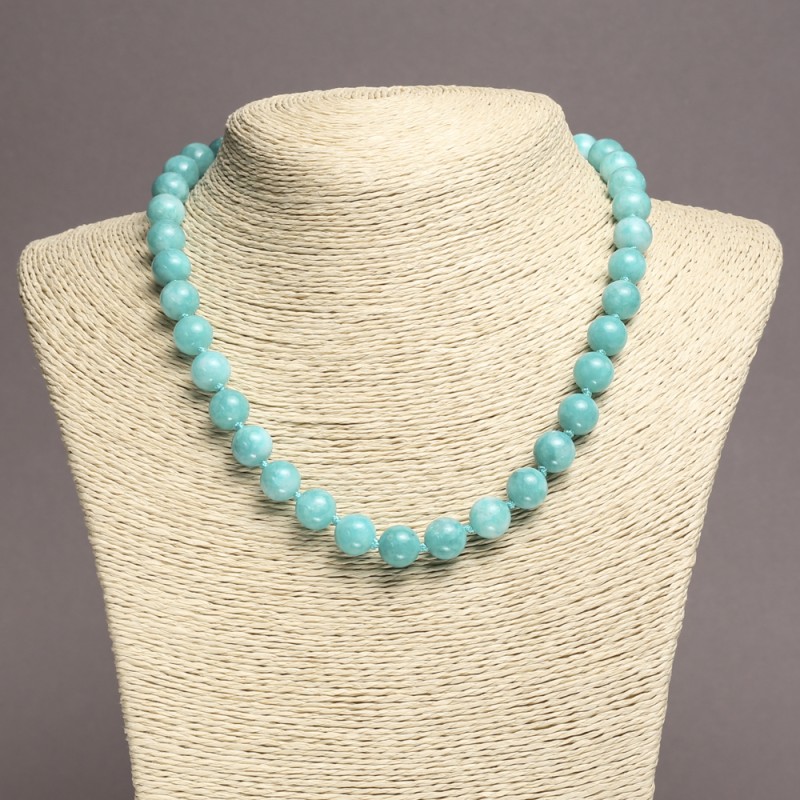Aquamarine natural gemstone necklace with smooth beads, diameter 10mm+-, length 45cm+-