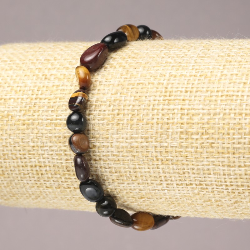 Elastic bracelet made of natural stones Tiger's Eye, Bull's Eye, and Falcon's Eye faceted, diameter 8×6 mm +