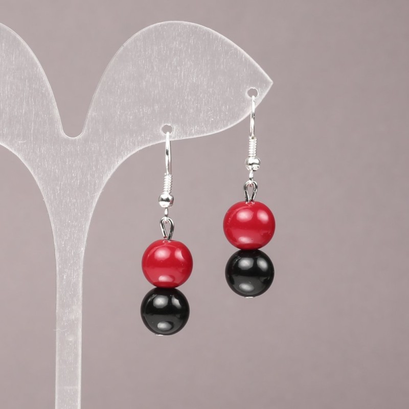Earrings with Coral (named after) and Agate (pressed) smooth bead, 10 mm diameter, ~40 mm long