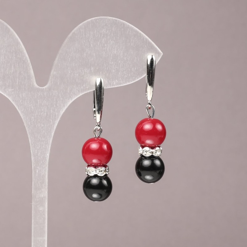 Earrings with Coral (imitated) and Agate (pressed) with white crystals, smooth bead, diameter about 10 mm, length about 42 mm