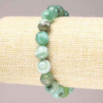 Elastic Bracelet with Green Agate Faceted Beads, 10 mm diameter