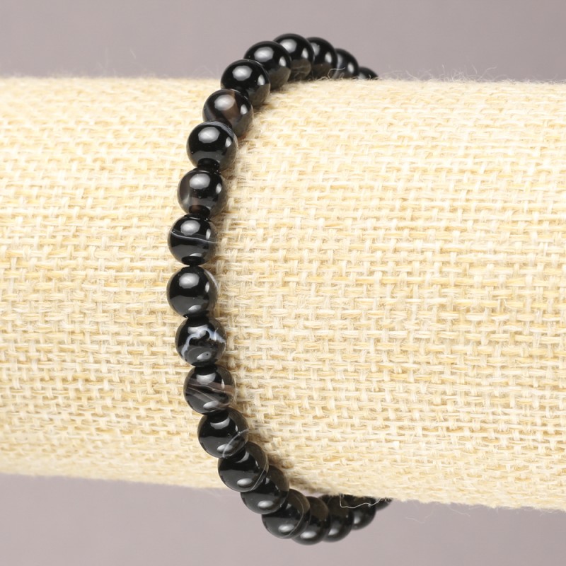 Elastic bracelet with black agate smooth beads, 6mm diameter+