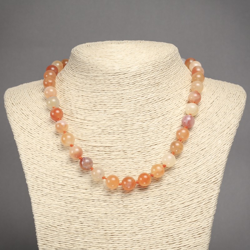 Orange agate natural stone necklace, smooth beads, diameter 10.5 mm, length 45 cm