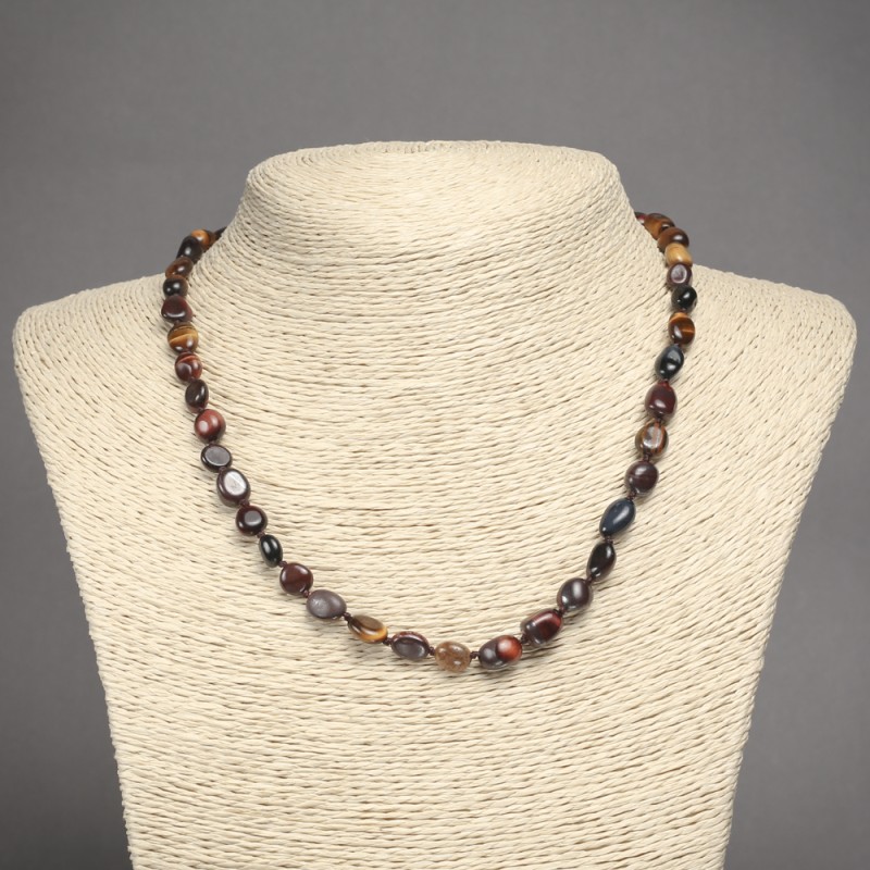 Necklace of natural Bull's Eye, Hawk's Eye, and Tiger's Eye, faceted, 6x8 mm diameter, length 45 cm +/-