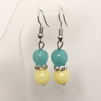 Earrings with Natural Aquamarine and Citrine Stones with White Crystals, Faceted Bead, Diameter About 10 mm, Length 46 mm