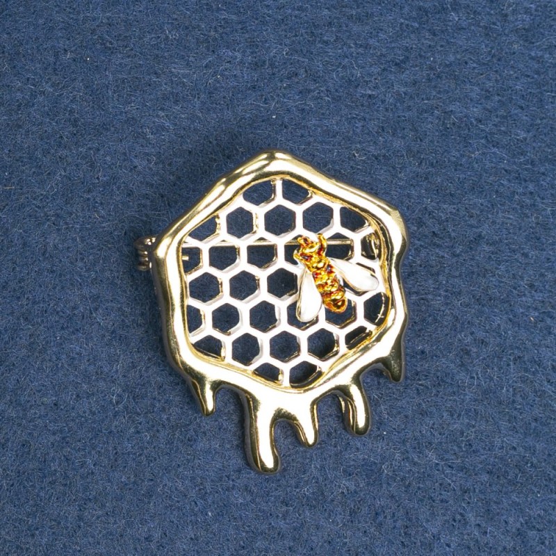 Honeycomb with Bee Brooch in Golden Metal