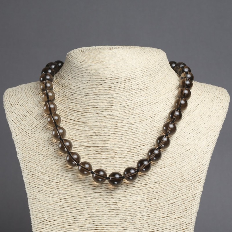 Smoky Topaz Necklace - Natural Stone, Smooth Round Bead, 12 mm Diameter, 45 cm Length ±