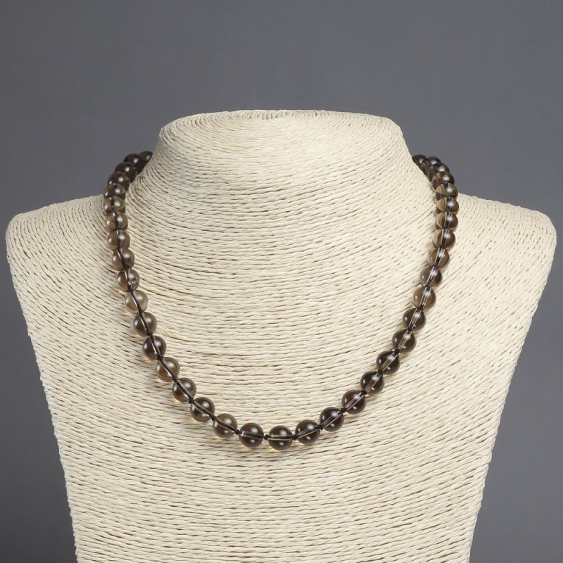 Beaded necklace of natural smoky quartz, smooth beads, 8 mm diameter, 45 cm long