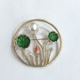 Discount! Plants Brooch with enamel, white rhinestones and a bead, gold-tone metal 47mm +
