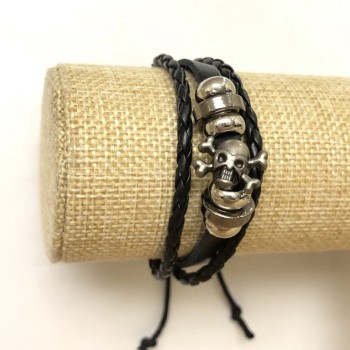 Eco-leather bracelet with skull on adjustable strap, length 18-24 cm, black