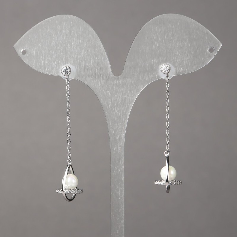 Xuping Rhodium-plated earrings with white crystals and beads, 15×11 mm, length 50 mm, thickness 1.1 mm