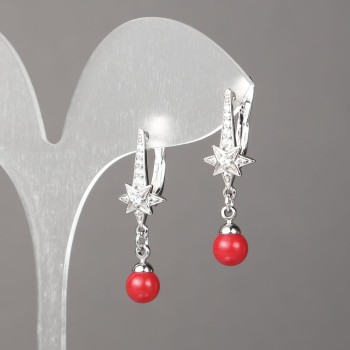 Xuping Rhodium-plated Earrings with White Crystals and Red Bead 32x10mm +