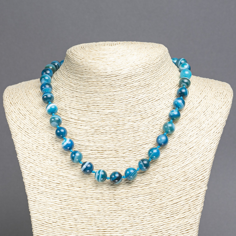 Blue Agate Bead Necklace, smooth beads, 10 mm diameter, 45 cm length