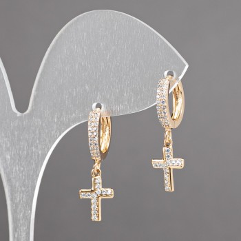 Earrings Xuping Cross with 18K Gold Plating and White Crystals, diameter 25x7 mm +