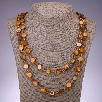Necklace with natural mother-of-pearl coin and Czech crystal, golden, diameters 11 mm and 8 mm, length 120 cm