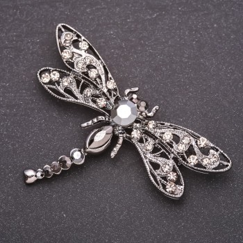 Butterfly Brooch with Gray Crystals, 70×50 mm, Gray Metal