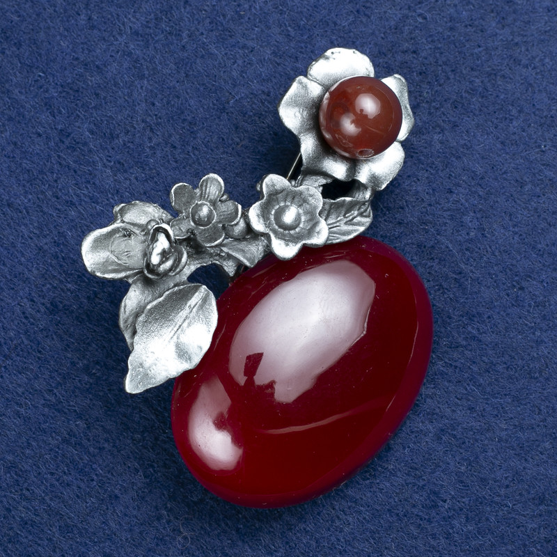 Sale! Twig with Carnelian Brooch, Silver-Tone Metal, 57x46 mm +