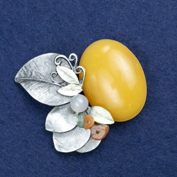 Discount! Branch with Amber Brooch (named after) and assorted stones, silver-toned metal 60×50 mm +