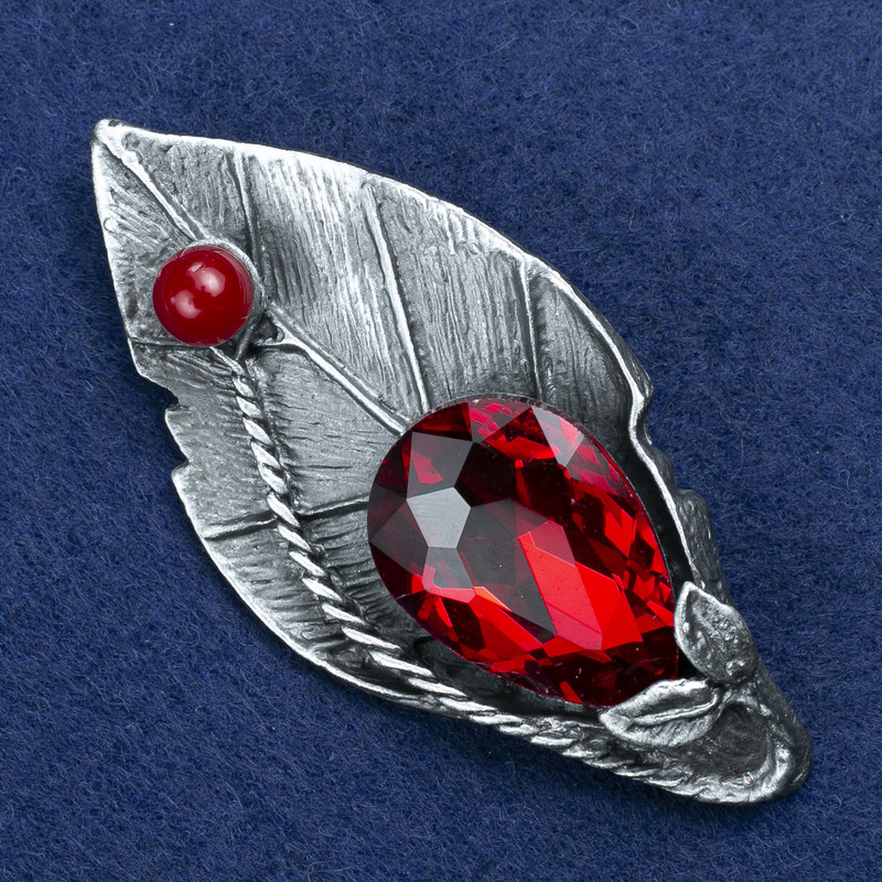 Discount! Leaf Brooch with Crystal and Seed Beads, Silver Metal 85x35 mm +