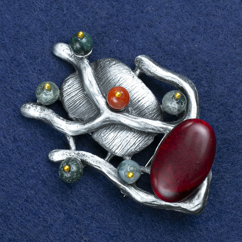 Discount! Twig with Carnelian and Assorted Stones Brooch in Silver-Colored Metal, 61×42 mm +