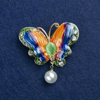 Discount! Golden metal butterfly brooch with cat's-eye, enamel, rhinestones and bead 45×40mm +