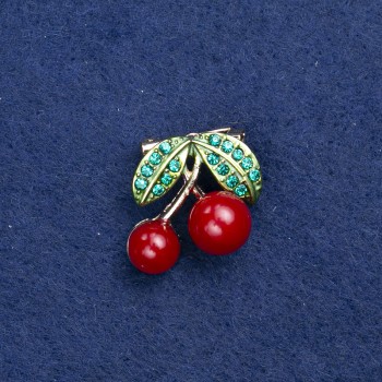 Sale! Brooch 'Cherries' gold-tone metal, enamel and rhinestones 22x20mm +