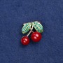 Sale! Brooch 'Cherries' gold-tone metal, enamel and rhinestones 22x20mm +