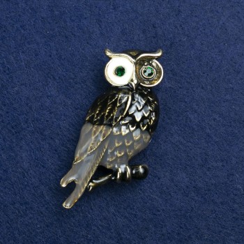 Discount! Owl Brooch in Golden Metal, Enamel and Crystals 42×28 mm +