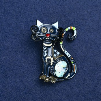 Discount! Kitty Brooch in Silver Metal and Enamel 47x37 mm +