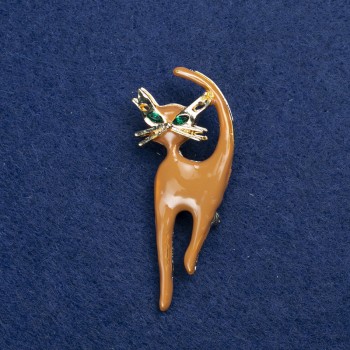 Sale! Kitty Brooch in Golden Metal, Enamel and Crystals 45x40mm +