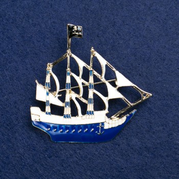 Discount! Ship Brooch in Golden Metal and Enamel 53x50mm +