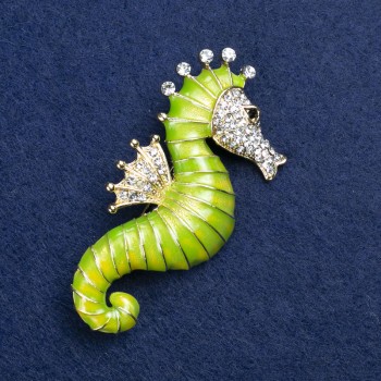 Discount! Seahorse Brooch, Gold-Toned Metal, Enamel and Rhinestones 30x64 mm +