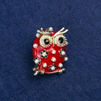 Discount! Owl Brooch in Gold-Tone Metal, Enamel, Beads and Crystals 30×25 mm +