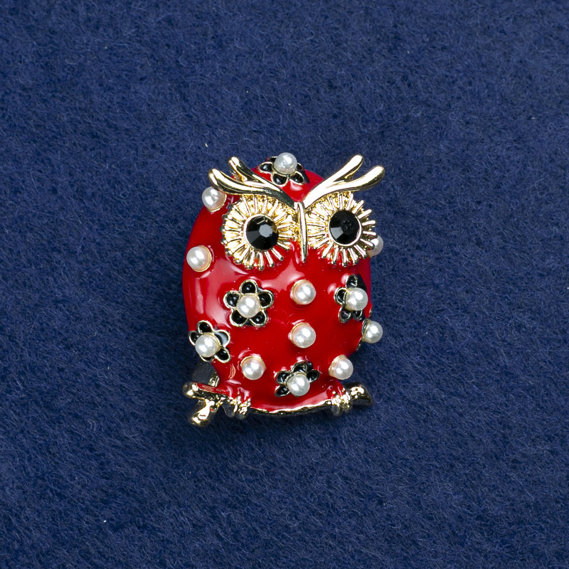 Discount! Owl Brooch in Gold-Tone Metal, Enamel, Beads and Crystals 30×25 mm +